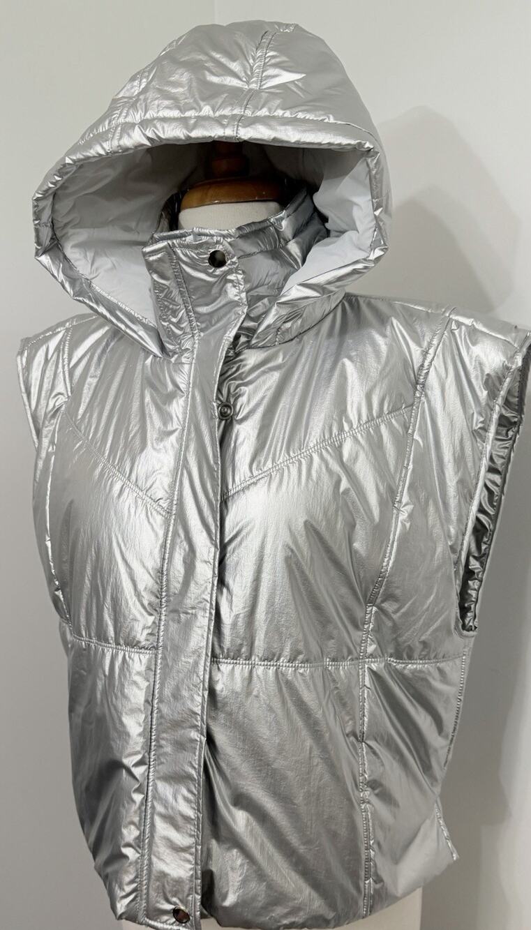 Daily Practice by Anthropologie Crop Puffer Vest Boxy Metallic Silver Women's M